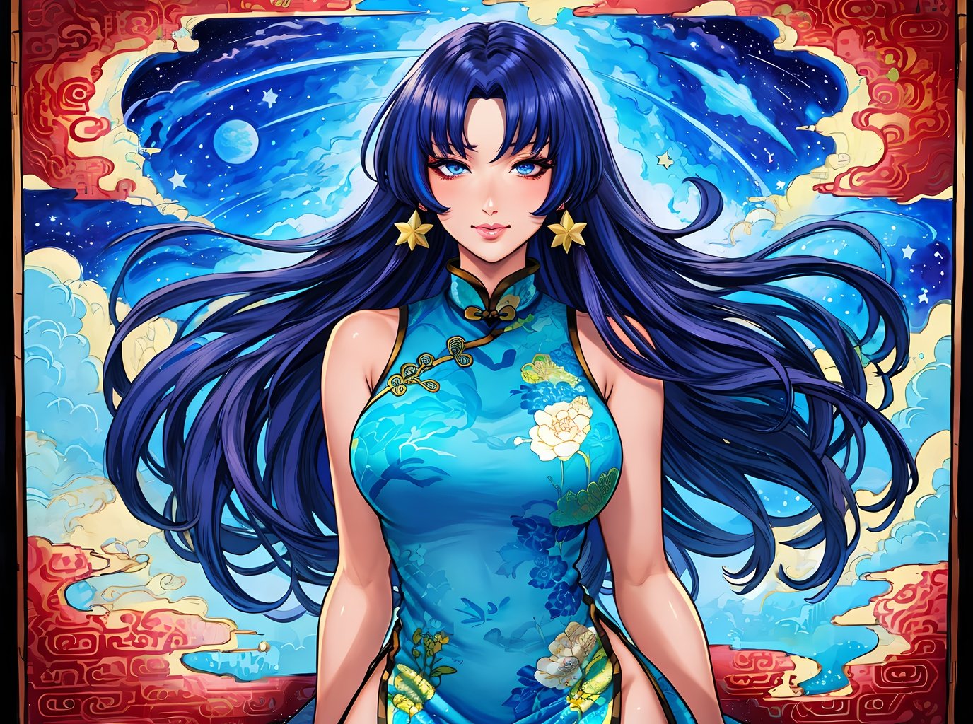 (Masterpiece, Best Quality), highres, Manga, (2d), (Traditional Media:1.2), official art, 1woman, (solo), dynamic, portrait, retro artstyle, a cartoon character on a colorful background with stars in the sky, art by ro_g_(oowack), sadakage, wide shot, mature female, fire emblem heroes, [outline], (upper body), Star command blue hair, Xanthous eyes, (detailed deep eyes), (lips, nose, long face:1.2), aged up, elegant, curvy, medium breasts, medium-length messy hair, streaked hair,  (sidelocks), fringe trim, expressive, Ayami Kojima, light smile, translucent skirt, high detail illustration, lineart, space art, fantasy, shiny, cinematic lighting:1.1, scenery,  bare shoulders, high heel boots, lace trim, contrast, extremely detailed, intricate, (Details:1.2), dark, Clothing style, china dress (cheongsam/qipao), Clothing print, sitting, floating particles,  <lora:sadakageStyle_v10:0.6>