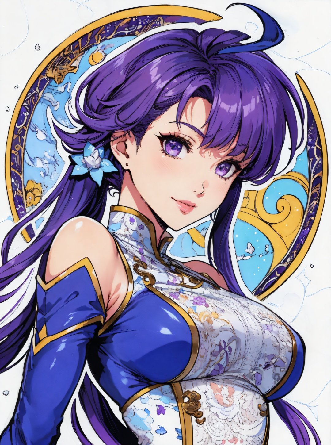 (Masterpiece, Best Quality), highres, Manga, (2d), (Traditional Media:1.2), official art, 1woman, (solo), dynamic, portrait, retro artstyle, a cartoon character on a colorful background with stars in the sky, art by ro_g_(oowack), wide shot, mature female, fire emblem heroes, [outline], (upper body), Middle blue purple hair, Pink lace eyes, (detailed deep eyes), (lips, nose, long face:1.2), aged up, elegant, curvy, medium breasts, medium-length messy hair, (sidelocks), fringe trim, expressive, Ayami Kojima, light smile, translucent skirt, high detail illustration, lineart, space art, fantasy, shiny, cinematic lighting:1.1, scenery,  bare shoulders, high heel boots, lace trim, contrast, extremely detailed, intricate, (Details:1.2), dark, Clothing style, Slacks, Clothing print, legs apart, qipao, floating particles