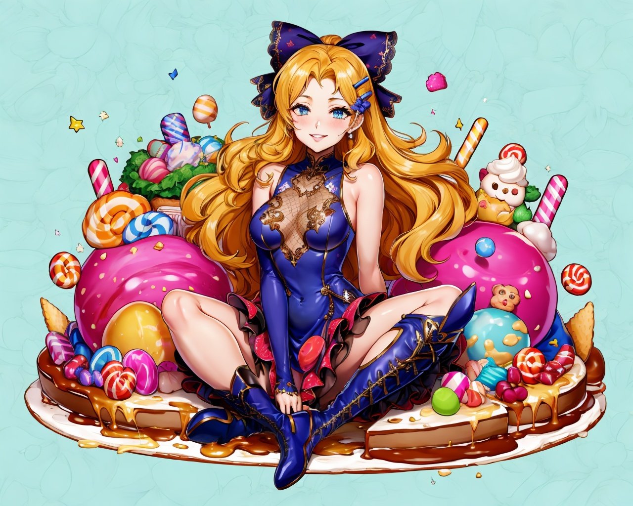 (Masterpiece, Best Quality), highres, Manga, (2d), (Traditional Media:1.2), official art 1woman, (solo), dynamic, portrait, retro artstyle, a cartoon character on a colorful background sitting on a delicious drizzling cake, art by ro_g_(oowack), wide shot, (mature female:1.2), fire emblem heroes, [outline], (upper body:1.2), Jasmine hair, Cultured eyes, (detailed deep eyes), , half-closed eyes, (tsurime), (lips, nose, long face:1.2), (aged up:1.2), elegant, curvy, [tall female], medium breasts, very long hair, (long sidelocks), fringe trim, sitting, alternate hairstyle, expressive, Ayami Kojima, light smile, flirting, translucent skirt, appliques, candy trim, bubblegum, blush, surprised, treats, chocolate bar, high detail illustration, lineart, space art, pool of honey and syrup, [confetti], ice cream, candy_hair_ornament , wrapped candy, sweet, gelatin, bow, hair clip, v-line (Midi dress), adapted costume, frills, cute fantasy, shiny, cinematic lighting:1.1, scenery, (glaze), high heel boots, lace trim, contrast, extremely detailed, intricate, (Details:1.2), Clothing style,  Clothing print, (alternate costume:1.1), (full body), (transparent background:1.2), floating particles, pop art, art deco,  <lora:stylized3DModelLora_v10:0.5>