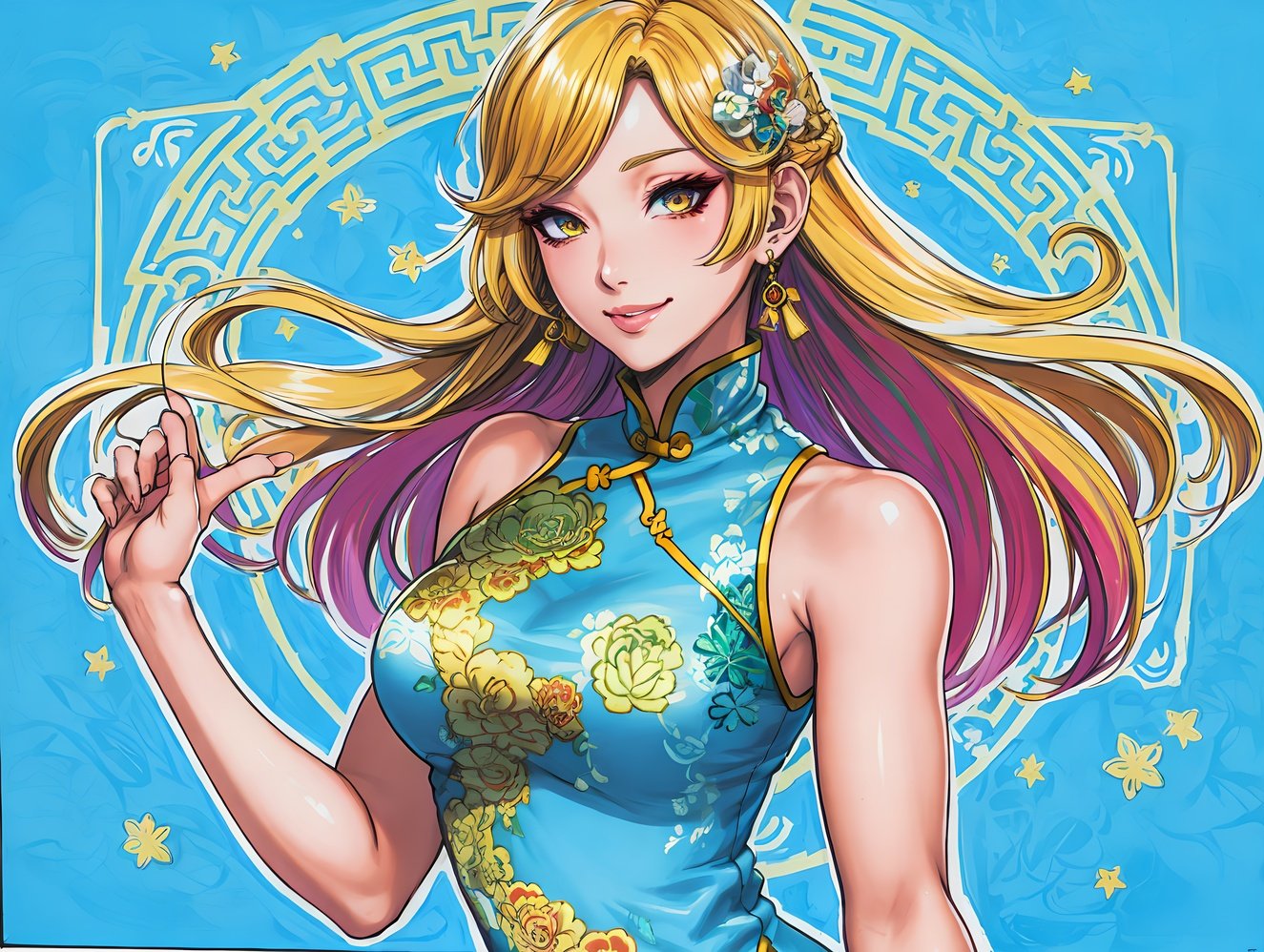 (Masterpiece, Best Quality), highres, Manga, (2d), (Traditional Media:1.2), official art, 1woman, (solo), dynamic, portrait, retro artstyle, a cartoon character on a colorful background with stars in the sky, art by ro_g_(oowack), sadakage, wide shot, mature female, fire emblem heroes, [outline], (upper body), Arylide yellow hair, Platinum eyes, (detailed deep eyes), (lips, nose, long face:1.2), aged up, elegant, curvy, medium breasts, medium-length messy hair, streaked hair,  (sidelocks), fringe trim, expressive, Ayami Kojima, light smile, translucent skirt, high detail illustration, lineart, space art, fantasy, shiny, cinematic lighting:1.1, scenery,  bare shoulders, high heel boots, lace trim, contrast, extremely detailed, intricate, (Details:1.2), dark, Clothing style, china dress (cheongsam/qipao), Clothing print, lying, floating particles,  <lora:sadakageStyle_v10:0.6>