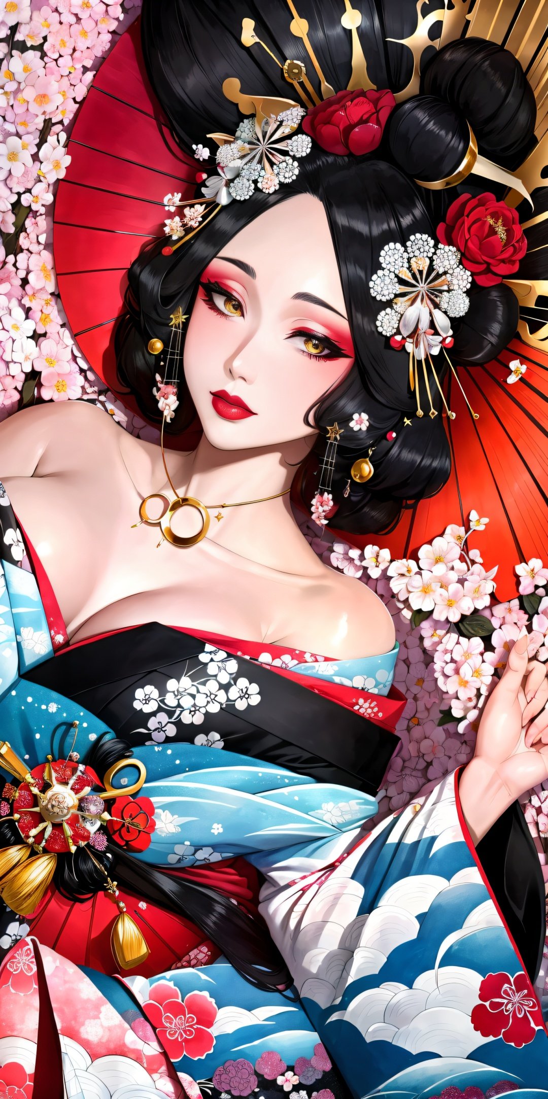 <lora:Oiran-13:0.7>, (Masterpiece, Best Quality:1.3), (thick lineart), (faux traditional media), highres, official art, best illustration, (8k resolution), oiran, 1girl, mature female, solo, japanese clothes, from above, breasts, obi, stylish, intricate, fantastic, fairytale, fantasy art, (detailed face),  lying on a bed of flowers, on back, (lovely eyes, looking at viewer, lipstick), depth of field, silhouette, perfect, makeup, lovely, (details:1.2), camellia, various colors, vivid, colorful, shiny, sky, stars, lumen global illumination, (background in the style of Hokusai Katsushika:1.3), water, ripples