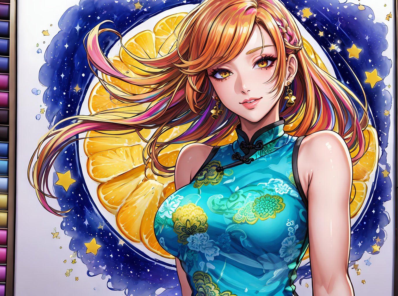(Masterpiece, Best Quality), highres, Manga, (2d), (Traditional Media:1.2), official art, 1woman, (solo), dynamic, portrait, retro artstyle, a cartoon character on a colorful background with stars in the sky, art by ro_g_(oowack), sadakage, wide shot, mature female, fire emblem heroes, [outline], (upper body), Lemon glacier hair, Carnelian eyes, (detailed deep eyes), (lips, nose, long face:1.2), aged up, elegant, curvy, medium breasts, medium-length messy hair, streaked hair,  (sidelocks), fringe trim, expressive, Ayami Kojima, light smile, translucent skirt, high detail illustration, lineart, space art, fantasy, shiny, cinematic lighting:1.1, scenery,  bare shoulders, high heel boots, lace trim, contrast, extremely detailed, intricate, (Details:1.2), dark, Clothing style, china dress (cheongsam/qipao), Clothing print, the pose, floating particles,  <lora:sadakageStyle_v10:0.6>