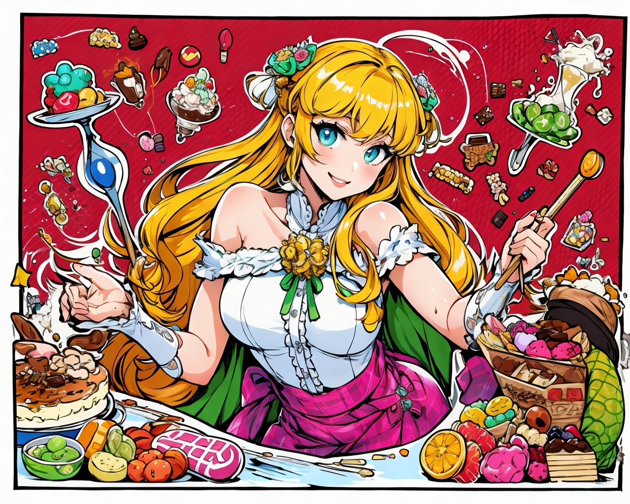 (Masterpiece, Best Quality), highres, Manga, (2d), (Traditional Media:1.2), official art 1girl, (solo), dynamic, portrait, retro artstyle, a cartoon character (woman) on a colorful background sitting on a delicious drizzling cake, art by ro_g_(oowack), wide shot, mature female, fire emblem heroes, [outline], (upper body), Maximum yellow hair, Green Lizard eyes, (detailed deep eyes), tsurime, (lips, nose, long face:1.2), aged up, elegant, curvy, medium breasts, medium-length messy hair, (long sidelocks), fringe trim, expressive, Ayami Kojima, light smile, translucent skirt, appliques, candy trim, bubblegum, blush, surprised, treats, chocolate bar, [fruits], high detail illustration, lineart, space art, pool of honey and syrup, [confetti], ice cream, candy_hair_ornament , wrapped candy, sweet, fluffy capelet, frills, cute fantasy, shiny, cinematic lighting:1.1, scenery, (glaze), bare shoulders, high heel boots, lace trim, contrast, extremely detailed, intricate, (Details:1.2), Clothing style,  Clothing print, (alternate costume:1.1), full body, (transparent background:1.2), floating particles, pop art, art deco