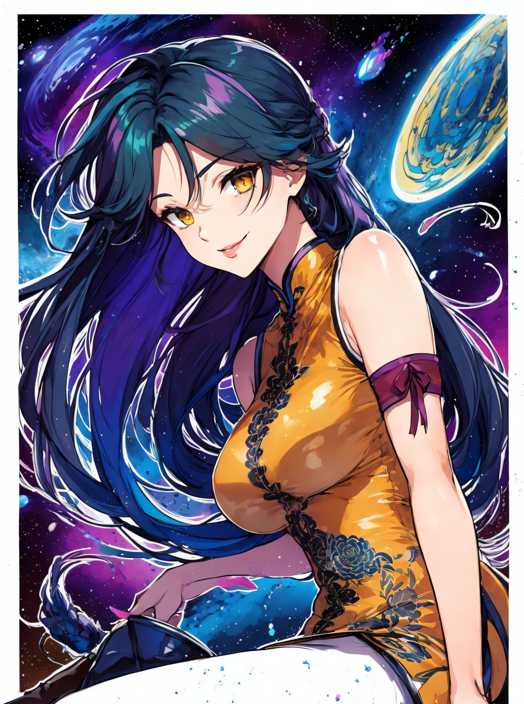 (Masterpiece, Best Quality), highres, Manga, (2d), (Traditional Media:1.2), official art, 1woman, (solo), dynamic, portrait, retro artstyle, a cartoon character on a colorful background with stars in the sky, art by ro_g_(oowack), wide shot, mature female, fire emblem heroes, [outline], (upper body), Dark jungle green hair, Gold (web) (Golden) eyes, (detailed deep eyes), (lips, nose, long face:1.2), aged up, elegant, curvy, medium breasts, medium-length messy hair, (sidelocks), fringe trim, expressive, Ayami Kojima, light smile, translucent skirt, high detail illustration, lineart, space art, fantasy, shiny, cinematic lighting:1.1, scenery,  bare shoulders, high heel boots, lace trim, contrast, extremely detailed, intricate, (Details:1.2), dark, Clothing style, taut shirt, Clothing print, sitting, qipao, floating particles