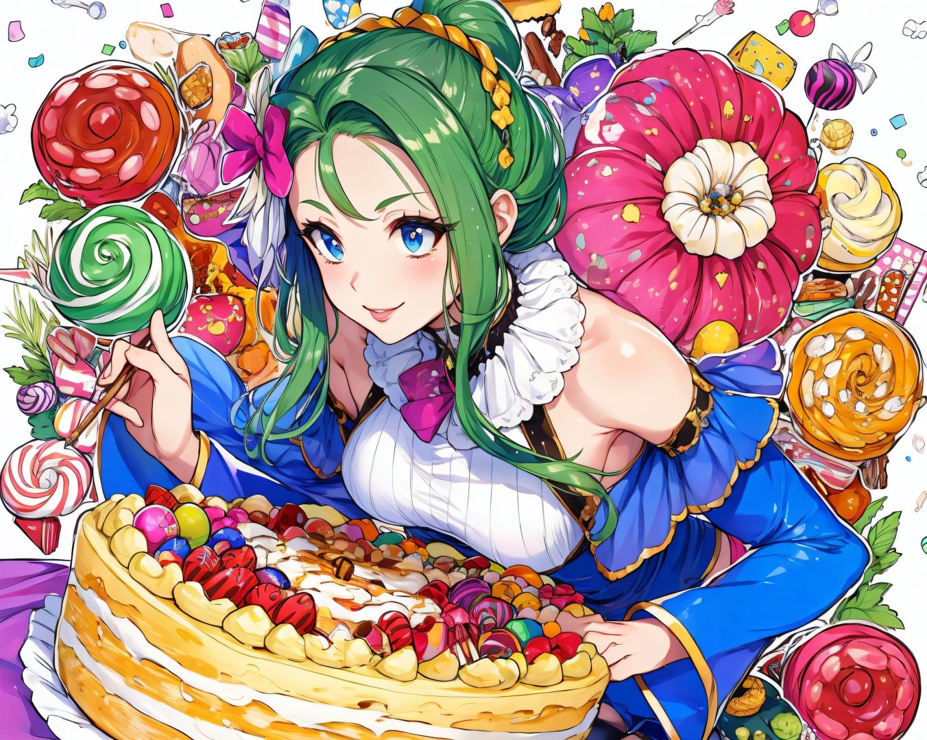 (Masterpiece, Best Quality), highres, Manga, (2d), (Traditional Media:1.2), official art, 1woman, (solo), dynamic, portrait, retro artstyle, a cartoon character on a colorful background sitting on a delicious drizzling cake, art by ro_g_(oowack), wide shot, mature female, fire emblem heroes, [outline], (upper body), Moss green hair, Maximum blue eyes, (detailed deep eyes), tsurime, (lips, nose, long face:1.2), aged up, elegant, curvy, medium breasts, medium-length messy hair, (long sidelocks), fringe trim, expressive, Ayami Kojima, light smile, translucent skirt, appliques, candy trim, bubblegum, blush, surprised, treats, chocolate river, high detail illustration, lineart, space art, pool of honey and syrup, [confetti], ice cream, candy_hair_ornament , wrapped candy, sweet, fluffy capelet, frills, cute fantasy, shiny, cinematic lighting:1.1, scenery, (glaze), bare shoulders, high heel boots, lace trim, contrast, extremely detailed, intricate, (Details:1.2), Clothing style,  Clothing print, (alternate costume:1.1),  floating particles, pop art, art deco