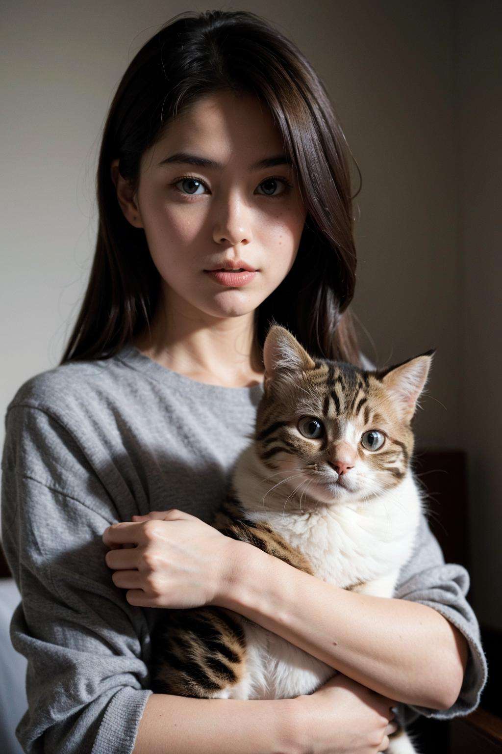 (high quality:1.3), (photo realistic:1.2), (girl holding  cute little cat:1.2),