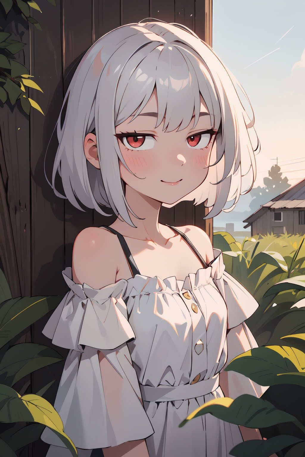 absurdres, highres, ultimate detailed, Portrait, looking at viewer, BREAK(evening1.4), sunset, (1girl:1.4), beautiful girl, Little smile, upright immovable, (white Off Shoulder sundress:1.2), (silver hair:1.2), (red eyes), medium bob hair, BREAKoutdoor, wrecked timber house, wild vegetation, echoes of past, (arresting melancholy), ultra detailed, exceptional quality, compelling piece, depth of field