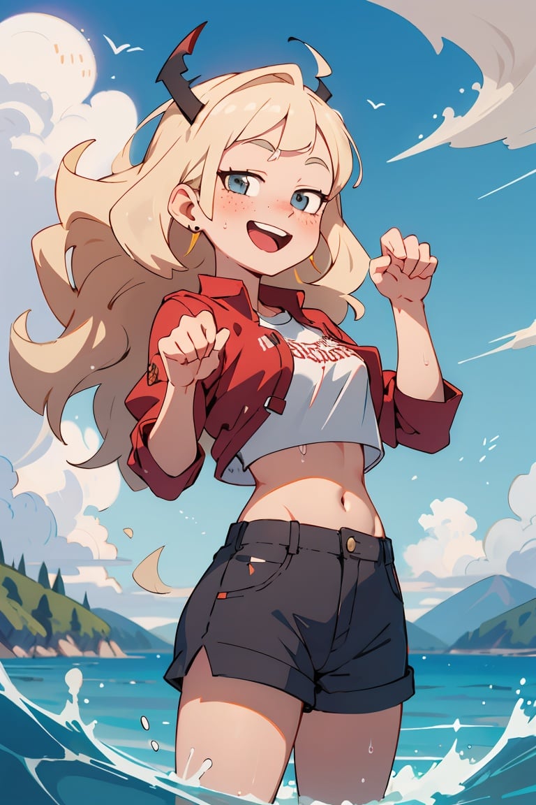 (masterpiece,  best quality,  anime),  1girl,  upper body,  paw pose,  smile,  laughing,  happy,  ocean,  crop top,  shorts,  blonde,  freckles,  blush,  looking at viewer,  wavy hair,  long hair,  cloud,  splashing,  waves,  sun,  mountain,  wet,  BREAK(Helltaker:1.2)