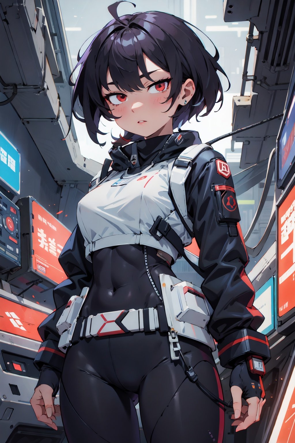 (absurdres, highres, ultra detailed, precision:1,2), Illustrate, BREAK1girl, red eyes, space colony,  cyberpunk, future, Inside, O'Neil, BREAK<lora:flat2:-0.3>, <lora:noline:0.5>