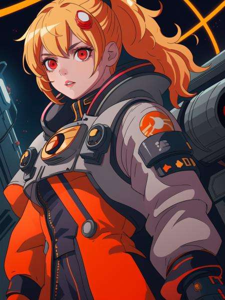 A girl with blond hair, intense golden red eyes, wearing Cyberpunk clothes, space helm cover her face uniform with her arms made of metal, against a dark background of inside a space station at night. detailed-eyes, details-face, details-lips, LuxuriousNeons Costume, silver dress, tape_clothes, tape, upshirt, <lora:HZSteampunk1.1-sdxl-000006:0.800000>, <lora:drippingpaint1.1-000004:0.800000>, <lora:3d_toon_xl:0.800000>
