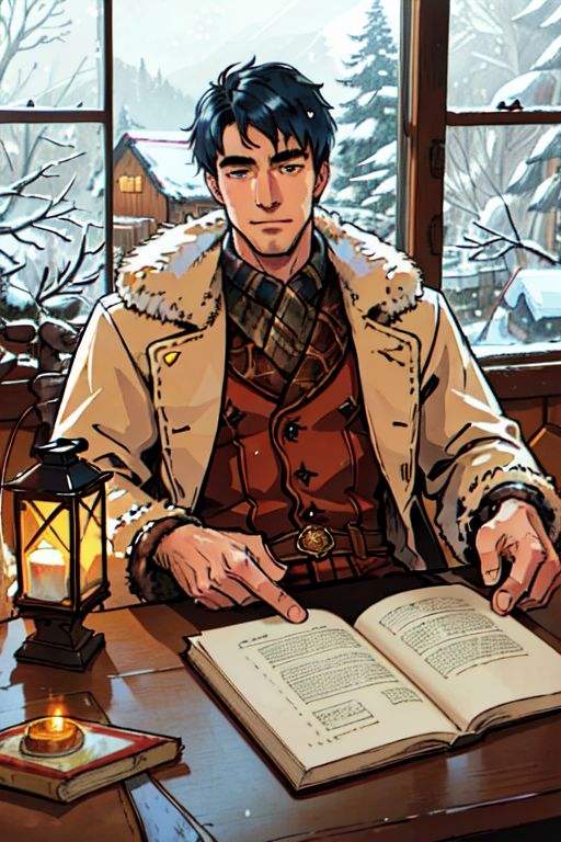 Handsome man wearing a bulky fur coat, detailed hair, sitting in a well lit warm log wood cabin indoors, winter time, cozy scene, detailed reflective eyes, holding a book, lantern on table, warm lighting, (stormy snow window in the background:1.10), luxurious lodge, professional detailed graphic novel illustration, intricate linework, intricate strokes