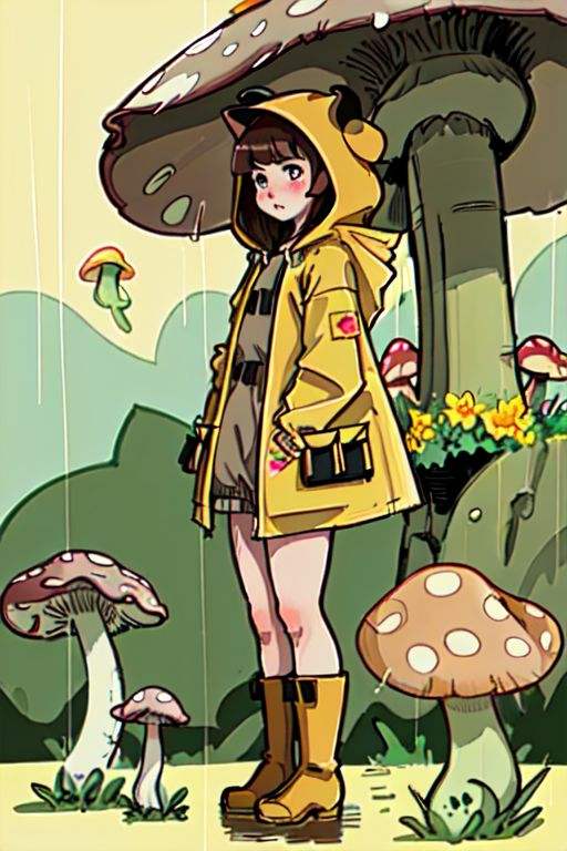 full body, wide angle shot, far away1girl, brown hair, outdoors, cat, raincoat, flower, solo, blush stickers, yellow raincoat, mushroom, plant, day, boots, standing, hood, holding