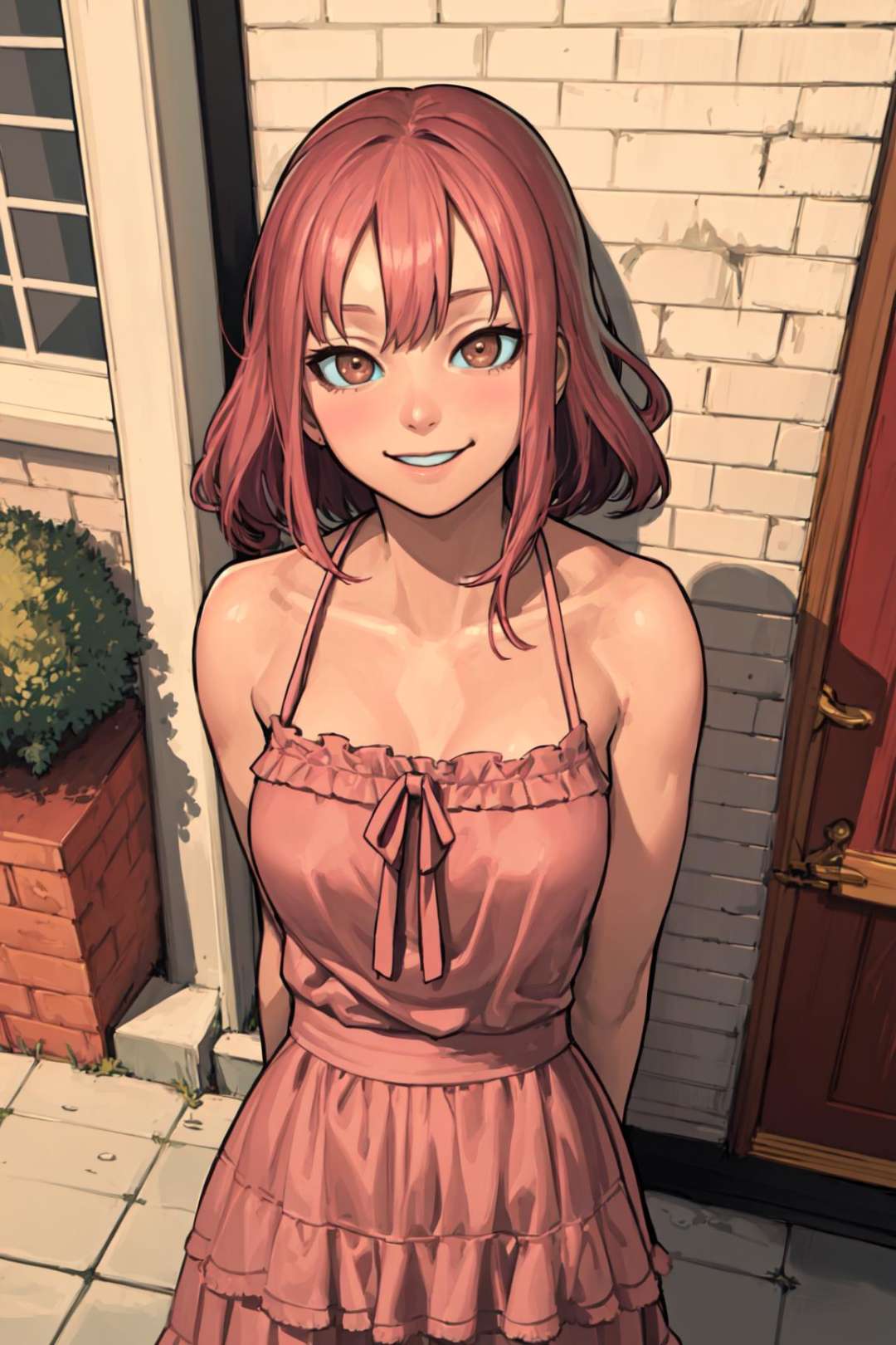 (lasterk:1.0),<lora:lasterk-v3:1>brown eyes, pink sundress, smile, porch, looking at viewer, arms behind backsolo, upper body, straight-on, symmetry,