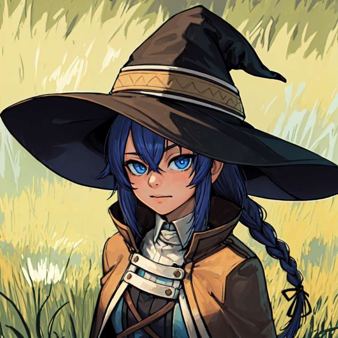 (lasterk:1.3),  1girl, bangs, blue eyes, blue hair, braid, brown cape, hair between eyes, hat, long hair, looking at viewer, solo, (witch hat:1.3), outside, grass, upper body,   <lora:lasterk-v3:1> (masterpiece,detailed,highres:1.2), straight-on, symmetry, (portrait:1.3),