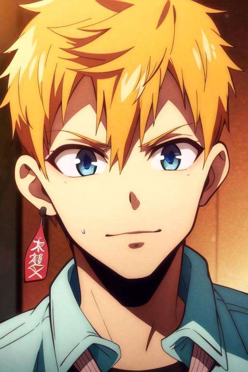 masterpiece, best quality, photorealistic, 1boy, solo, male focus, looking at viewer, upper body, depth of field, anime coloring, realistic, <lora:kou_minamoto:0.72>, kou_minamoto, blonde hair, blue eyes