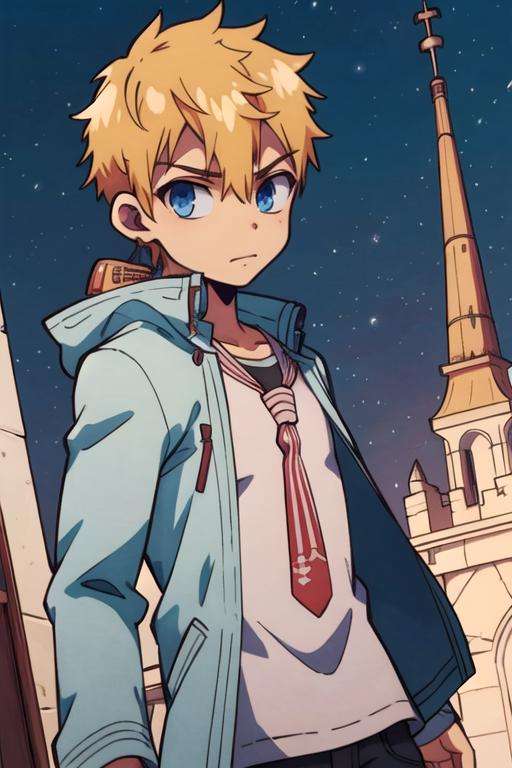 masterpiece, best quality, movie still, 1boy, solo, male focus, looking at viewer, , depth of field, anime coloring, , <lora:kou_minamoto:0.70>, kou_minamoto, blonde hair, blue eyes, parka, , tower, High resolution