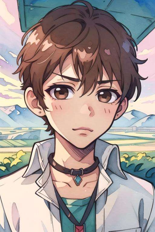 masterpiece, best quality, photorealistic, 1boy, solo, male focus, looking at viewer, , depth of field, (watercolor illustration, soft pastel colors:1.1), , <lora:natsuhiko_hyuuga:0.66>, natsuhiko_hyuuga, brown hair, brown eyes, , The Valley of the Damned,