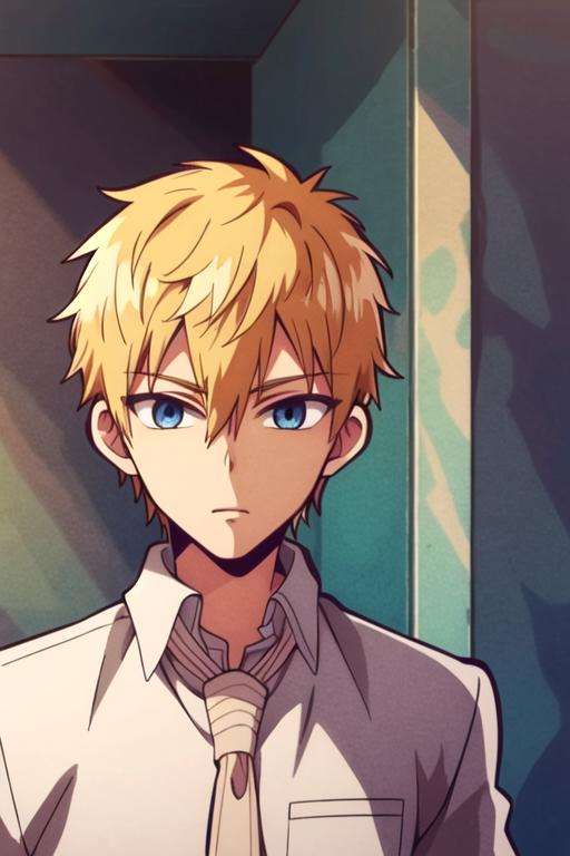 masterpiece, best quality, game cg, 1boy, solo, male focus, looking at viewer, upper body, , , , <lora:teru_minamoto:0.74>, teru_minamoto, blonde hair, blue eyes