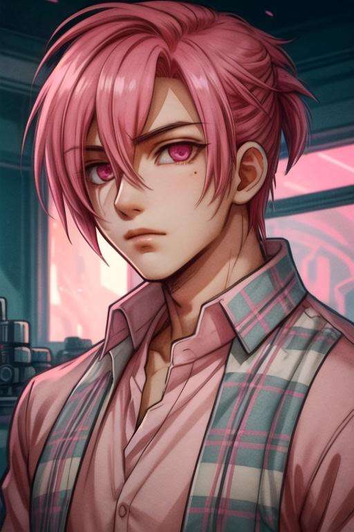 masterpiece, best quality, illustration, 1boy, solo, male focus, looking at viewer, upper body, , , , <lora:sousuke_mitsuba:0.68>, sousuke_mitsuba, pink hair, pink eyes, flannel shirt, , science fiction dystopian, High resolution