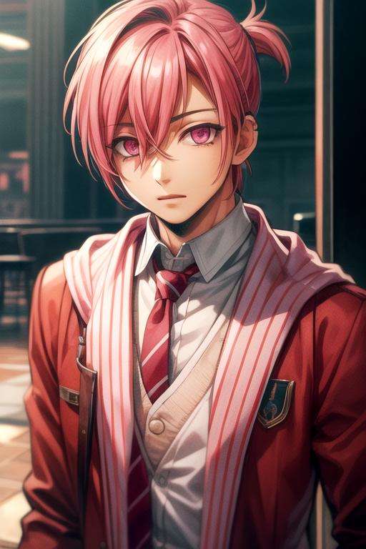 masterpiece, best quality, , 1boy, solo, male focus, looking at viewer, , , , realistic, <lora:sousuke_mitsuba:0.70>, sousuke_mitsuba, pink hair, pink eyes, businessman costume, time travel, High resolution
