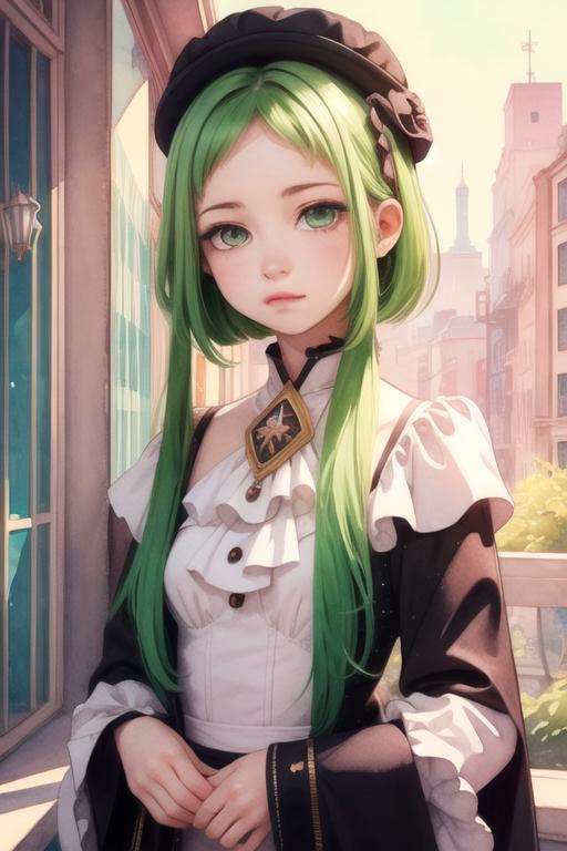 masterpiece, best quality, wallpaper, 1girl, solo, looking at viewer, upper body, , (watercolor illustration, soft pastel colors:1.1), , <lora:sakura_nanamine:0.68>, sakura_nanamine, green hair, green eyes, , , , pillbox hat, space elevator,