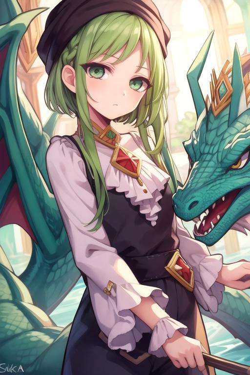 masterpiece, best quality, wallpaper, 1girl, solo, looking at viewer, , depth of field, , realistic, <lora:sakura_nanamine:0.70>, sakura_nanamine, green hair, green eyes, sidelocks, short hair with long locks, romper, turban, The Dragon's Lair: A deadly place where fearsome dragons dwell, HD
