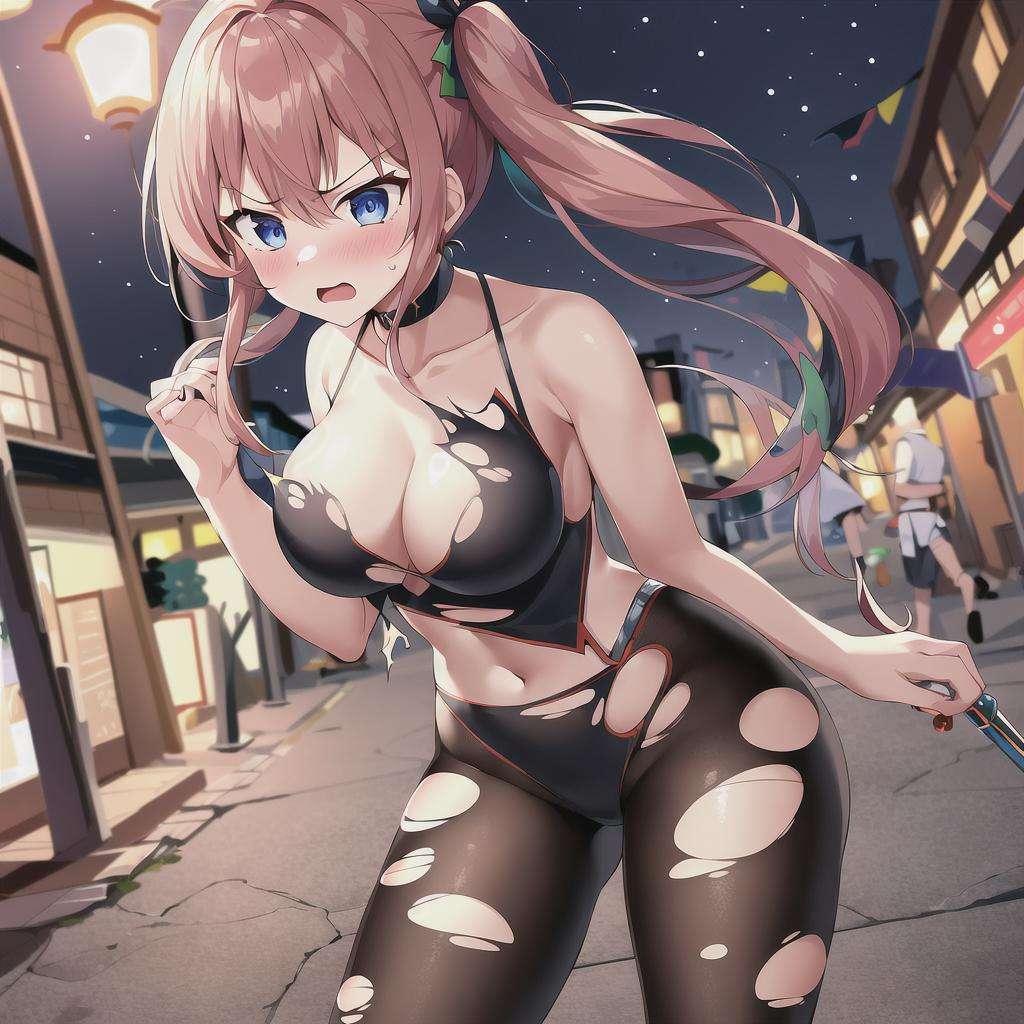 high quality, best quality, masterpiece, absurdres, 1girl, torn clothes, cloth pieces,  <lora:torn:0.75>, leaning, street, night, angry