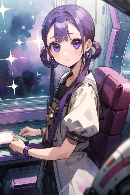 masterpiece, best quality, movie still, 1girl, solo, looking at viewer, , depth of field, (watercolor illustration, soft pastel colors:1.1), realistic, <lora:aoi_akane:0.74>, aoi_akane, purple hair, purple eyes, , hair rings, gangster costume, science fiction space opera, HD-DVD