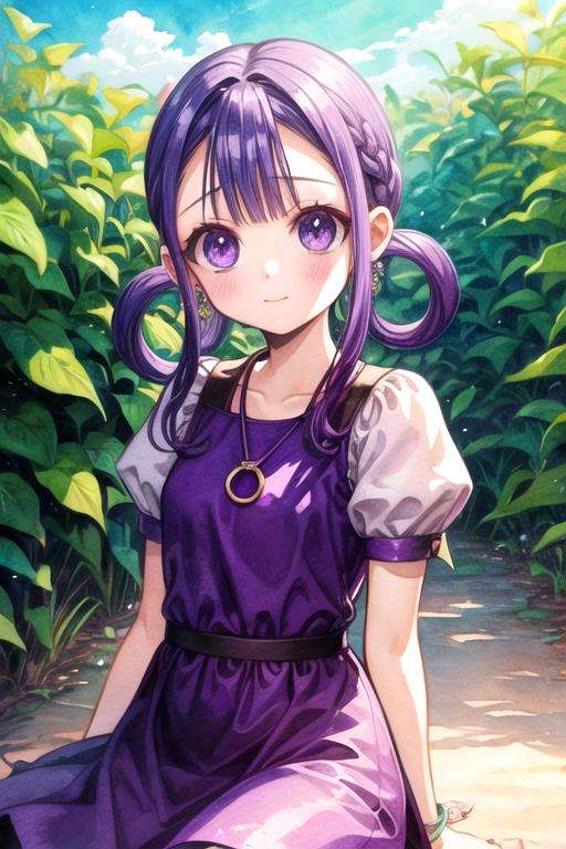 masterpiece, best quality, illustration, 1girl, solo, looking at viewer, , depth of field, (watercolor illustration, soft pastel colors:1.1), , <lora:aoi_akane:0.74>, aoi_akane, purple hair, purple eyes, , hair rings, mini dress, , world war 1, 16k resolution