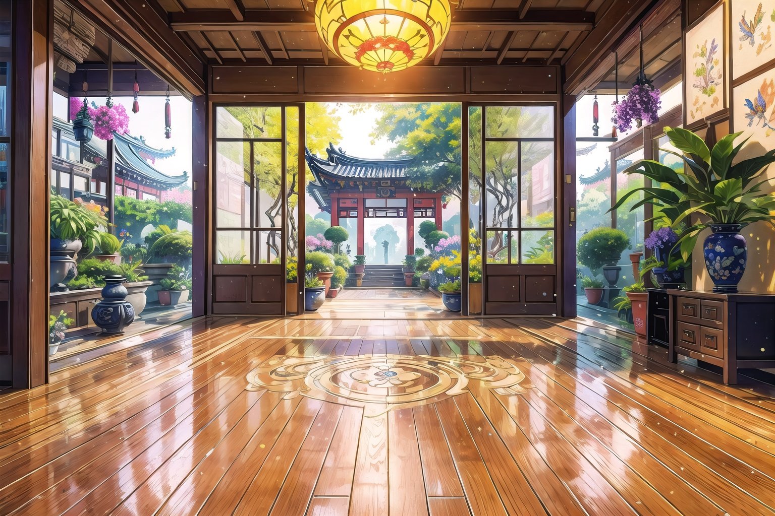 Immerse yourself in a (masterpiece,  best quality,  CGI:1.2) artwork that brings to life a fantastic vortex of colors in a vibrant magical realm,  top quality,  8k,  perfect lighting and composition,  bloom,  (gradients),  rainbow,  indoors,  east asian architecture,  reflective floor,  wooden floor,  human furniture,  (intricate details:1.2),  (glowing flora and fauna:1.2),  creating a whimsical and enchanting atmosphere,  (no humans:1.3),  hatching (texture),  courtyard in background,  (blurry foreground:1.1),  deep depth of field,  floating particles, <lora:EMS-36517-EMS:0.000000>