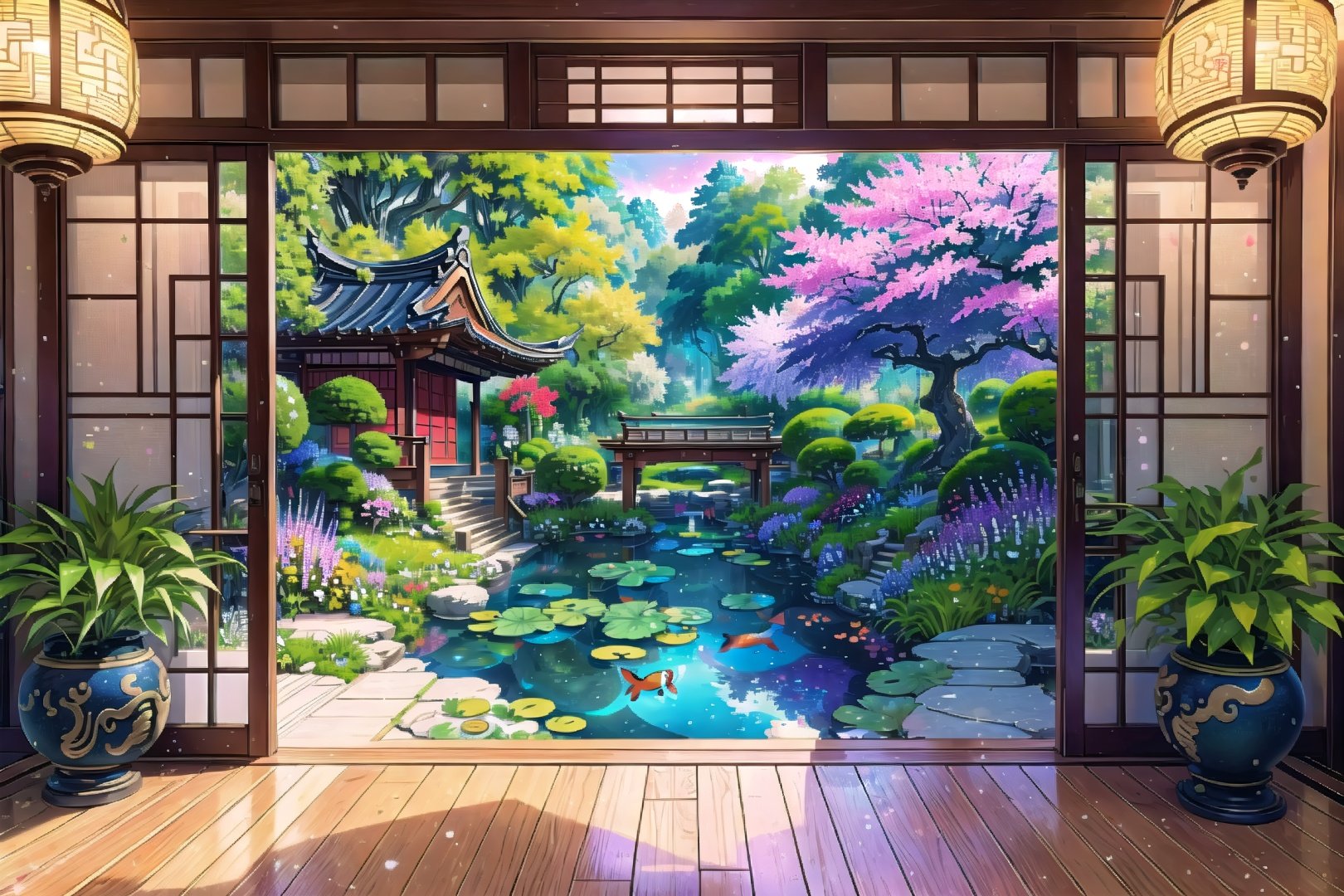 Immerse yourself in a (masterpiece,  best quality,  CGI:1.2) artwork that brings to life a fantastic vortex of colors in a vibrant magical realm,  top quality,  8k,  perfect lighting and composition,  bloom,  (gradients),  rainbow,  indoors,  east asian architecture,  reflective floor,  wooden floor,  human furniture,  (intricate details:1.2),  (glowing flora and fauna:1.2),  creating a whimsical and enchanting atmosphere,  (no humans:1.3),  hatching (texture),  courtyard in background,  (blurry foreground:1.1),  deep depth of field,  floating particles,  koi pond,  lilypad,  overgrown,  moon door,  rug,  embroidery,  halation,  shadow, <lora:EMS-36517-EMS:0.000000>