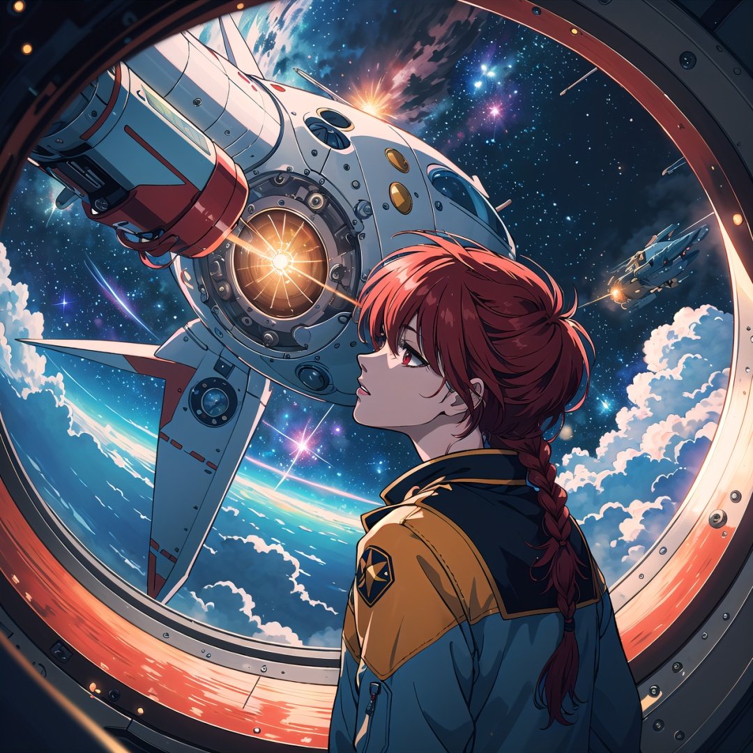(masterpiece,  best quality:1.4),  absurdres,  best illustration,  (Traditional Media),  Manga,  (dynamic_angle:1.2),  (dynamic_pose:1.2),  [anime visual],  centered,  official art,  (cowboy shot:1.3),  hikaru_rayearth,  spacecraft interior,  indoors,  window,  space,  dark,  2d,  solo,  retro artstyle,  1990s \(style\),  (ultra-detailed),  8k resolution,  (red hair,  single braid:1.2),  science fiction,  space art,  blurry background,  depth of field,  sharp focus,  volumetric lighting,  rim lighting,  (outline),  (scenery),  extremely detailed background