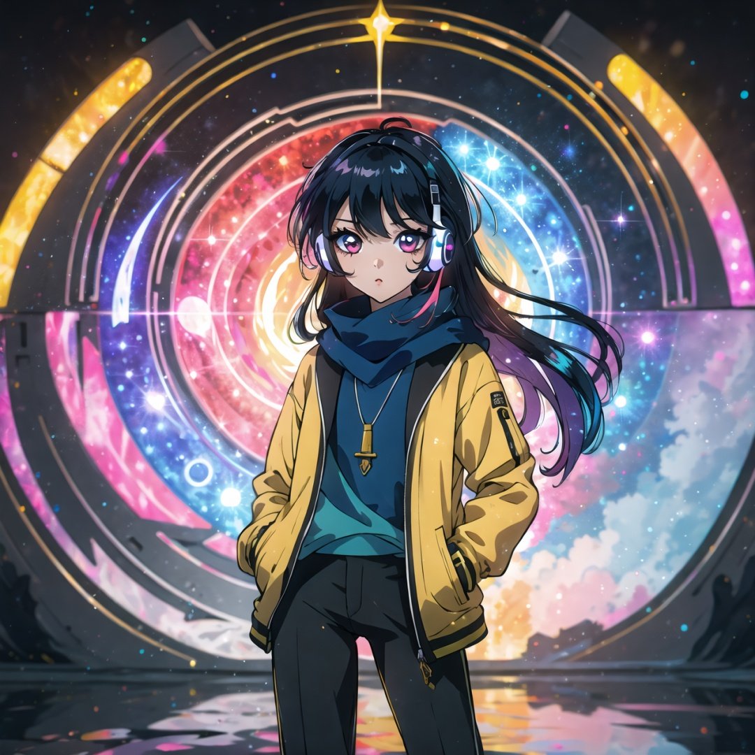 (masterpiece,  best quality:1.4),  top quality,  insaneres,  digital illustration,  (faux Traditional Media),  Manga,  (dynamic pose),  [anime visual],  centered,  day,  sunlight,  (8k resolution),  1girl,  glow lines,  rainbow colors,  cg unity wallpaper official art,  (cowboy shot),  wind lift,  looking at viewer,  gradient eyes,  necklace,  scarf,  enpera,  jacket,  capris pants,  musical note,  sound waves,  (thick lineart),  outline,  hands in pockets,  headphones,  techno,  psychadelic,  glass,  transparent,  iridescent,  standing,  contrapposto,  galaxy print,  cybernetic parts,  (intricate details),  extemely detailed,  solo,  floating,  surreal,  fantasy,  (neon sign),  city,  otherworldly,  (gradients),  blending,  dynamic posture,  transparent,  (ultra-detailed),  (swept bangs,  low ponytail:1.2),  eye reflection,  glowing eyes,  (multicolored theme:1.2),  science fiction,  victory pose,  (long hair:1.6),  upper body,  aged down,  (chibi:1.3),  cute,  pouting,  cheek bulge,  perfect anatomy,  v-shaped eyebrows,  facing viewer,  (space art:0.2),  (blurry background,  deep depth of field:1.5),  (sharp focus),  volumetric lighting,  (reflective:1.2),  rim lighting,  (outline),  sugar_rune,  (workshop), <lora:EMS-27725-EMS:0.400000>