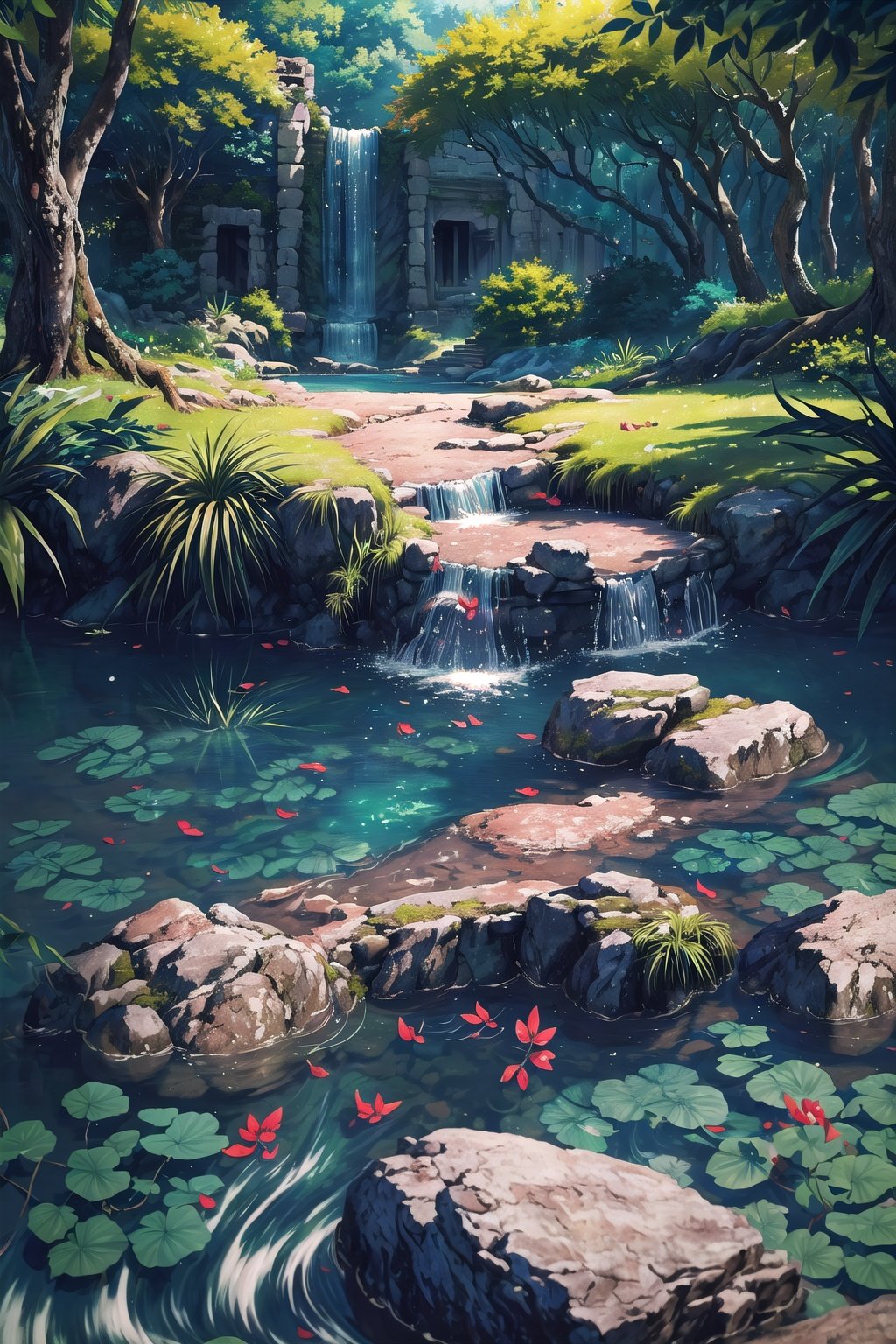 (Masterpiece,  Best Quality:1.4),  top quality,  (8k resolution),  cg unity wallpaper,  hyperrealistic,  digital illustration,  official art,  ancient ruins,  Manga,  (hyperdetailed),  natural lighting,  full background,  beautiful,  perfect,  building,  scenery,  garden,  surreal,  isolated,  water,  ocean,  floating particles,  vivid,  (fantasy:1.1),  shimmer,  shallow depth of field,  perfect lighting,  (day,  outdoors:1.3),  windy,  flying petals,  tree,  waterfall,  water,  stream,  (deep depth of field:1.5),  dappled sunlight,  (halation:0.8),  paradise,  (highres), FFIXBG, LODBG, <lora:EMS-179-EMS:0.300000>, , <lora:EMS-27750-EMS:0.400000>