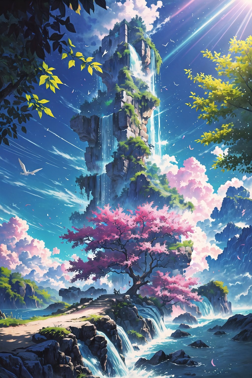 (Masterpiece,  Best Quality:1.4),  top quality,  (8k resolution),  cg unity wallpaper,  hyperrealistic,  digital illustration,  official art,  ancient ruins,  Manga,  (hyperdetailed),  natural lighting,  full background,  beautiful,  perfect,  building,  scenery,  garden,  surreal,  isolated,  water,  ocean,  floating particles,  vivid,  (fantasy:1.1),  shimmer,  shallow depth of field,  perfect lighting,  bloom,  (day,  outdoors:1.3),  atmoshere,  blue sky,  above the clouds,  windy,  flying petals,  tree,  waterfall,  water,  stream,  (deep depth of field:1.5),  dappled sunlight,  (halation:0.8),  paradise,  (highres), FFIXBG, LODBG, <lora:EMS-27750-EMS:0.400000>, , <lora:EMS-179-EMS:0.300000>