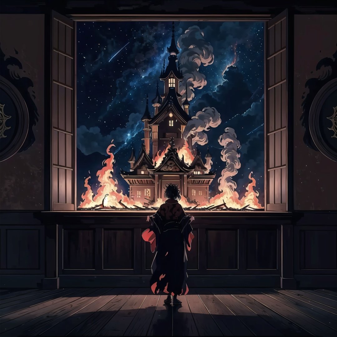 Witness a (masterpiece,  high resolution,  photo-realistic:1.3) depiction of a royal Japanese castle engulfed in flames. embers,  floating embers,  This haunting artwork captures the chilling scene within the castle's opulent halls at night. The fire ravages the interior,  (8k),  casting an eerie glow and ominous shadows on the elegant architecture. The flames dance across intricately designed (wooden panels:1.2) and (ornate tapestries:1.2),  consuming everything in their path. (intricate details:1.2), The night sky outside the windows is dark and foreboding,  intensifying the sense of danger and chaos within. The composition is dramatic,  with the flames and smoke billowing towards the viewer,  creating a feeling of being immersed in the inferno. The artwork evokes a sense of tragedy and destruction,  showcasing the power of nature's fury., <lora:EMS-19858-EMS:0.400000>, , <lora:EMS-29977-EMS:0.400000>, , <lora:EMS-36517-EMS:0.100000>