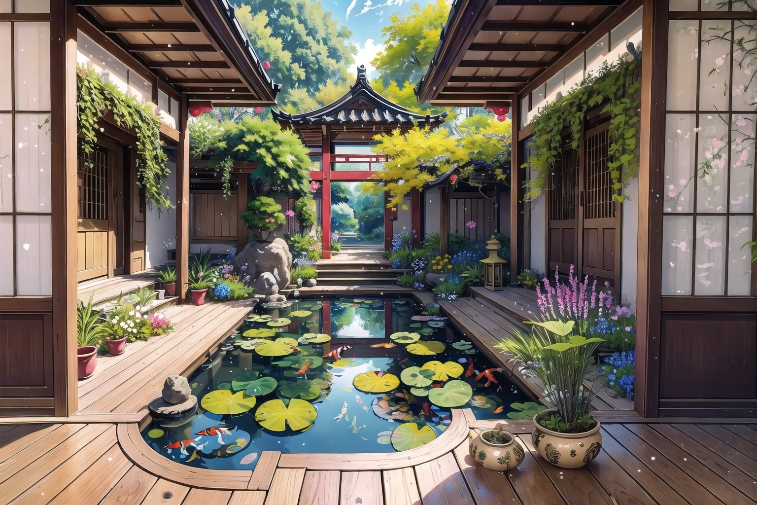 Immerse yourself in a (masterpiece,  best quality,  CGI:1.2) artwork that brings to life a fantastic vortex of colors in a vibrant magical realm,  top quality,  8k,  perfect lighting and composition,  bloom,  (gradients),  rainbow,  indoors,  east asian architecture,  reflective floor,  wooden floor,  human furniture,  (intricate details:1.2),  (glowing flora and fauna:1.2),  creating a whimsical and enchanting atmosphere,  (no humans:1.3),  hatching (texture),  courtyard in background,  (blurry foreground:1.1),  deep depth of field,  floating particles,  koi pond,  lilypad,  overgrown,  moon door,  rug,  embroidery,  halation,  shadow, <lora:EMS-36517-EMS:-0.500000>