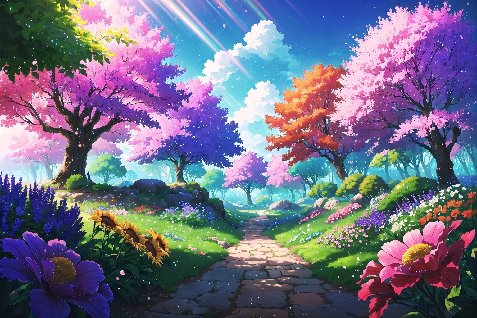 (Masterpiece,  Best Quality),  highres,  (8k resolution),  digital illustration,  official art,  Manga,  (Ultra-detailed),  natural lighting,  full background,  beautiful,  perfect,  nature,  scenery,  garden,  flower,  flowers,  magical landscape,  floating particles,  vivid,  (fantasy:1.1),  shimmer,  (multicolored theme:1.3),  shallow depth of field,  perfect lighting,  (sunlight,  day,  outdoors,  caustics)