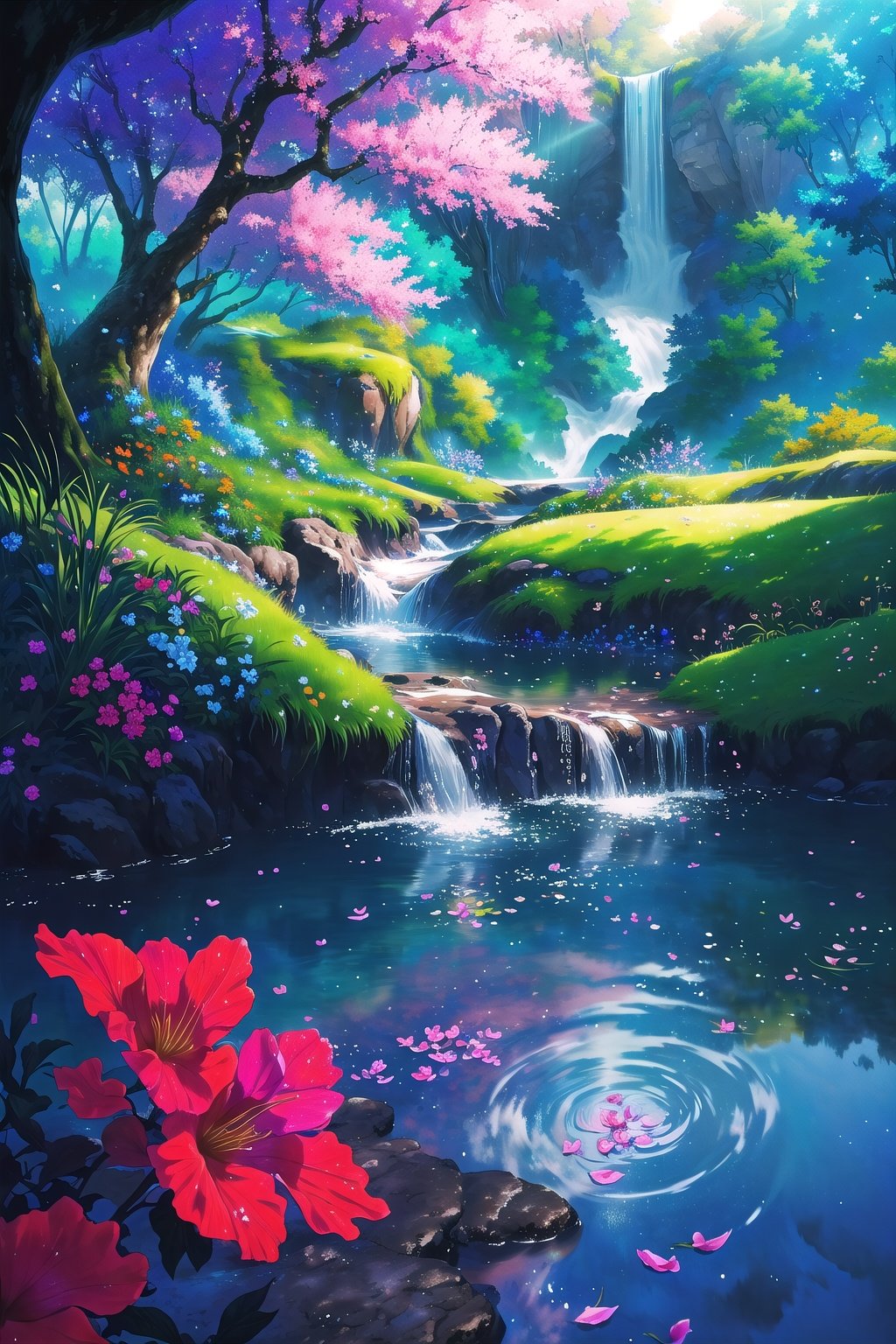(Masterpiece,  Best Quality:1.4),  top quality,  (8k resolution),  cg unity wallpaper,  hyperrealistic,  digital illustration,  official art,  Manga,  (hyperdetailed),  natural lighting,  full background,  beautiful,  perfect,  nature,  scenery,  garden,  flower,  flowers,  magical landscape,  floating particles,  vivid,  (fantasy:1.1),  shimmer,  (multicolored theme:1.3),  shallow depth of field,  perfect lighting,  (day,  sunlight,  light theme,  outdoors:1.3),  windy,  flying petals,  tree,  waterfall,  water,  stream,  (deep depth of field:1.5),  dappled sunlight,  (halation:0.8),  paradise,  (highres)