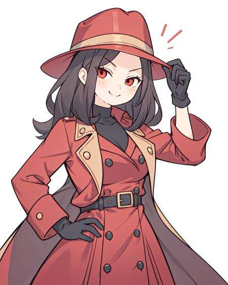 (masterpiece, best quality:1.15), 1girl, solo, (flat color:1.1), (carmen sandiego:1.1), from where in the world is carmen sandiego?, medium breasts, red fedora hat, red trench coat, black gloves, long black hair, smirk, (simple background:0.3), (solid circle eyes:0.7)