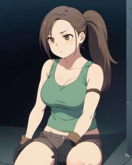 (masterpiece, best quality:1.1), 1girl, solo, (flat color:1.1), (lara croft:1.1), from tomb raider, fair skin, large breasts, long brown hair, ponytail, green tank top, shorts, brown eyes, (simple background:0.3), (solid circle eyes:0.7)