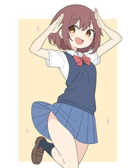 (masterpiece, best quality:1.2), 1girl, solo, (flat color:1.1), medium breasts, mahogany eyes, looking at viewer, school uniform, skirt, standing with one leg raised, arm up in a triumphant salute after a personal achievement, day, sparkling, effervescent, medium hair, layered cut, overjoyed, open mouth, smile, (simple background:0.3)