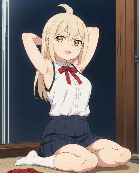 (masterpiece, best quality:1.2), 1girl, solo, (flat color:1.1), medium breasts, olive eyes, looking at viewer, school uniform, skirt, sitting in seiza, arms behind her head, a glimpse of armpit confidence, day, radiant, golden, long hair, waterfall braid, excited, (simple background:0.3), (solid circle eyes:0.7)