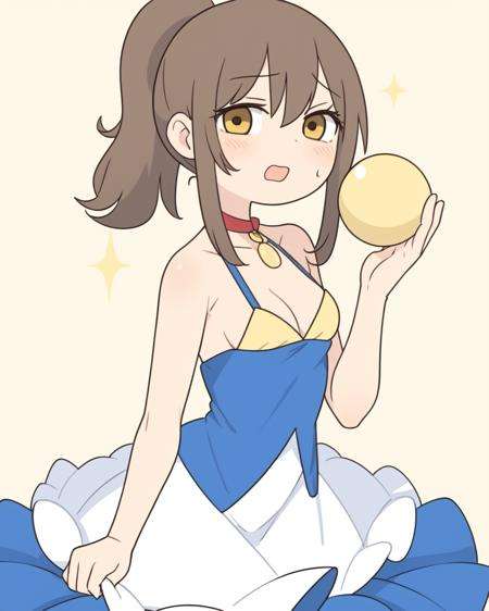 (masterpiece, best quality:1.2), 1girl, solo, (flat color:1.1), (belle:1.1), from disney's beauty and the beast, yellow and brown, brown hair, medium breasts, ponytail, yellow ball gown, long and luxurious dress, brown eyes, shimmering, jewelry, (simple background:0.3)