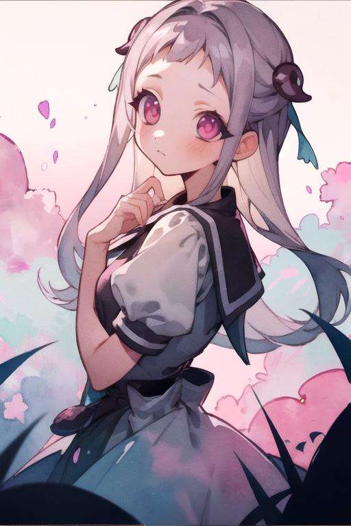 masterpiece, best quality, wallpaper, 1girl, solo, looking at viewer, , depth of field, (watercolor illustration, soft pastel colors:1.1), , <lora:nene_yashiro:0.72>, nene_yashiro, grey hair, pink eyes, , , , grimdark, Blu-ray