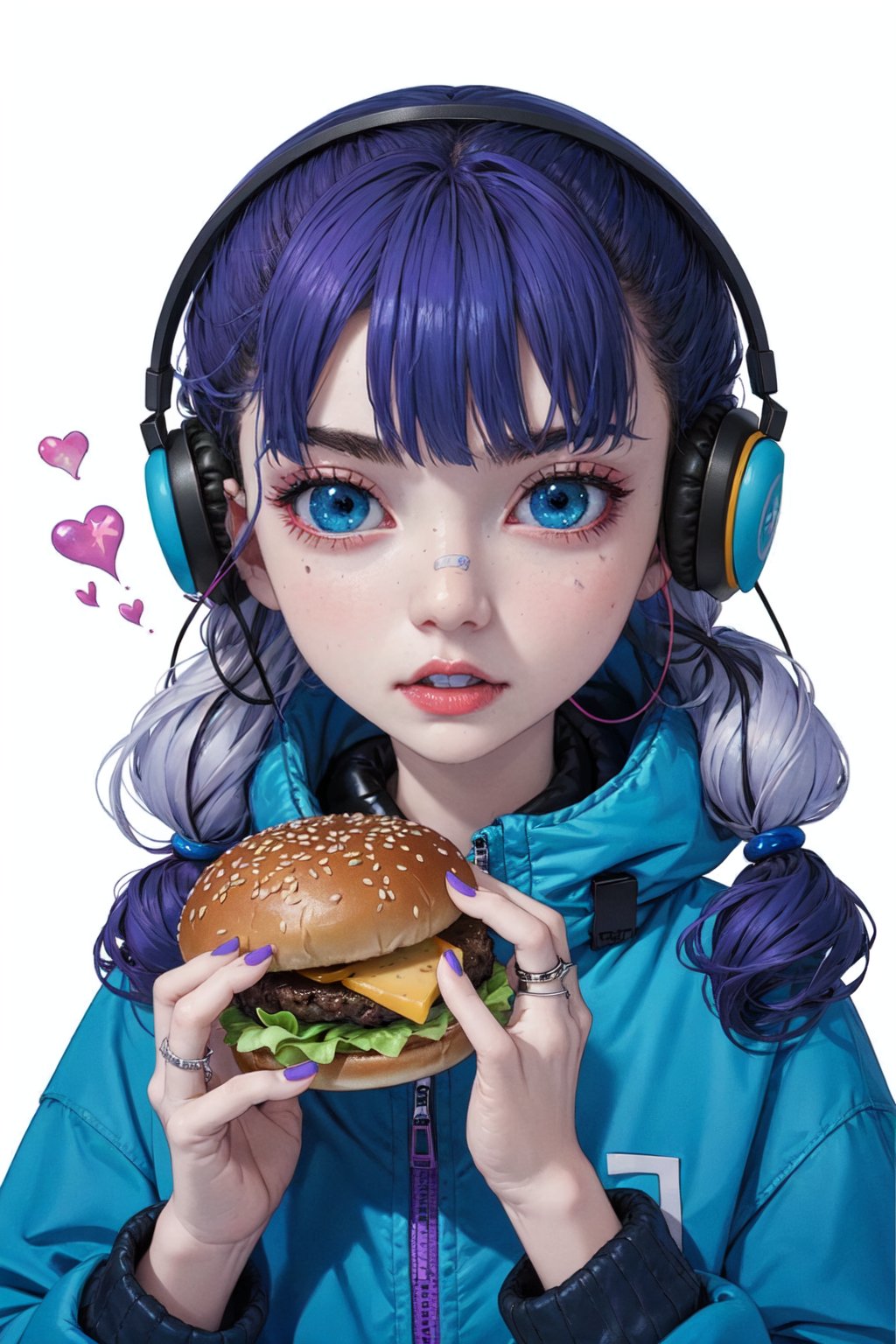 1girl,  solo,  looking at viewer,  bangs,  blue eyes,  hair ornament,  long sleeves,  holding,  twintails,  jewelry,  jacket,  upper body,  purple hair,  white hair,  heart,  multicolored hair,  food,  nail polish,  fingernails,  headphones,  facial mark,  eating,  ring,  holding food,  bandaid,  blue nails,  multicolored eyes,  aqua nails,  burger,  multicolored nails,  colorful,  cheese,<lora:EMS-38657-EMS:0.700000>