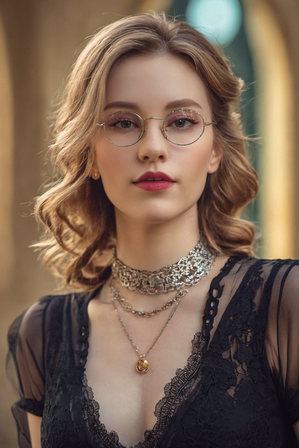 Full body shot of a beautiful German woman,
(((39 years old)))
pale skin, dark blonde hair with silver streaks, messy, very curly hair,
no makeup, beautiful, realistic,
perky natural breasts, saggy breasts,
gold necklace, gold hoop earrings,
huge round glasses,
best quality, masterpiece, beautiful and aesthetic, 16K, (HDR:1.4), high contrast, bokeh:1.2, lens flare, (vibrant color:1.4), (muted colors, dim colors, soothing tones:0), cinematic lighting, ambient lighting, sidelighting, Exquisite details and textures, cinematic shot, Warm tone, (Bright and intense:1.2), wide shot, by playai, ultra realistic illustration, siena natural ratio, anime style, 	(fantasy theme:1.4), (cute girl costume:1.4),	head to thigh portrait,purple	voguestyle, black lingerie, black silk lace gloves,	with a tattoo, 	Pale skin, adorned with gloves, boots, chocker collar,	