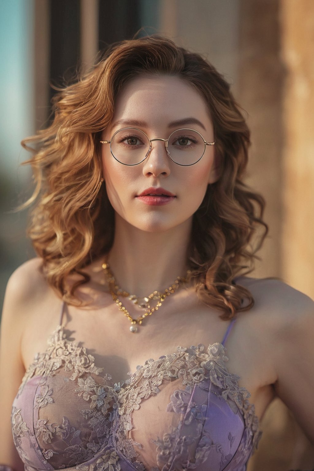 Full body shot of a beautiful German woman,
(((39 years old)))
pale skin, dark blonde hair with silver streaks, messy, very curly hair,
no makeup, beautiful, realistic,
perky natural breasts, saggy breasts,
gold necklace, gold hoop earrings,
huge round glasses,
best quality, masterpiece, beautiful and aesthetic, 16K, (HDR:1.4), high contrast, bokeh:1.2, lens flare, (vibrant color:1.4), (muted colors, dim colors, soothing tones:0), cinematic lighting, ambient lighting, sidelighting, Exquisite details and textures, cinematic shot, Warm tone, (Bright and intense:1.2), wide shot, by playai, ultra realistic illustration, siena natural ratio, anime style, 	(fantasy theme:1.4), (cute girl costume:1.4),	head to thigh portrait,purple	voguestyle, black lingerie, black silk lace gloves,	with a tattoo, 	Pale skin, adorned with gloves, boots, chocker collar,	
