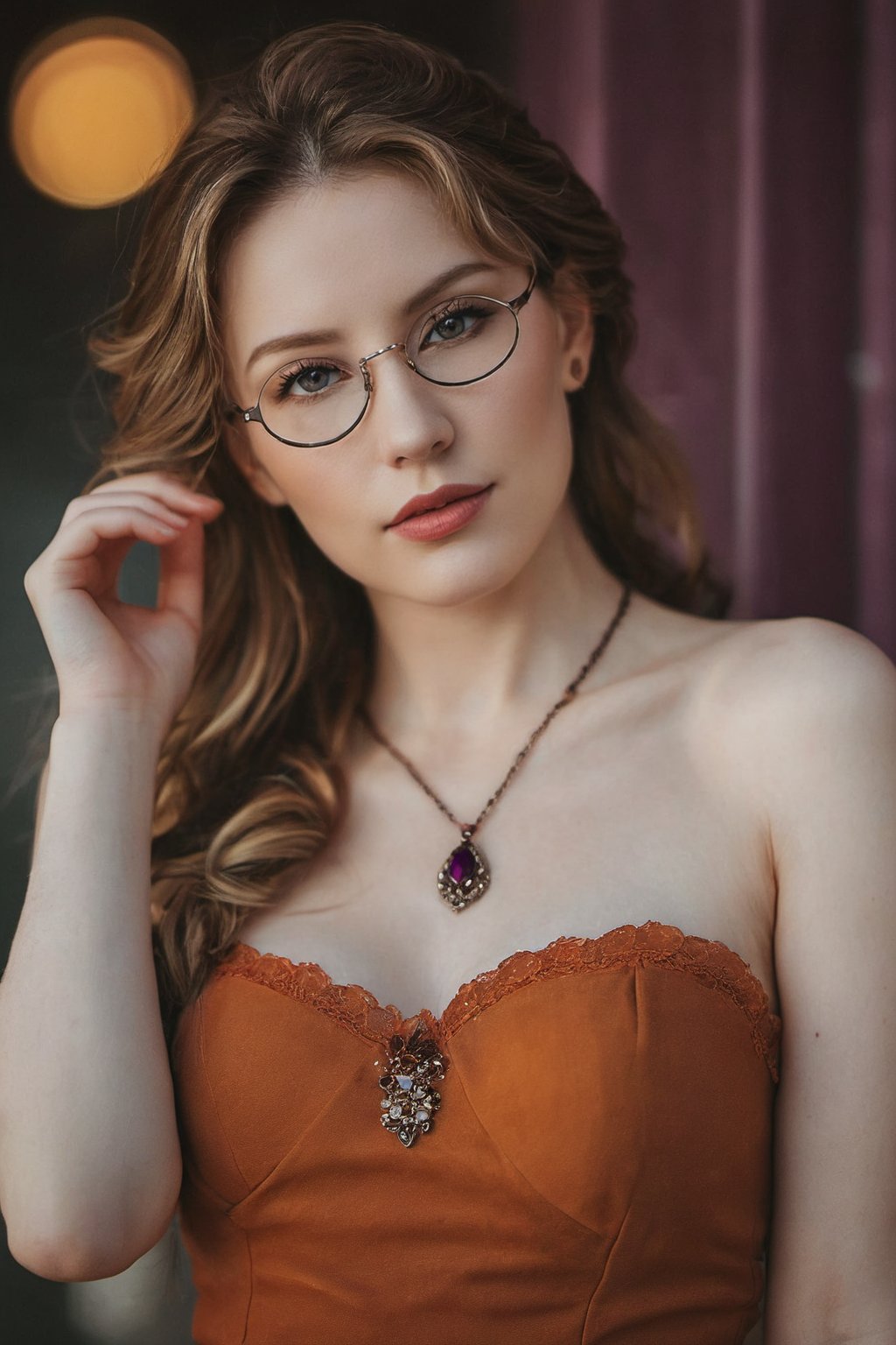 Full body shot of a beautiful German woman,
(((39 years old)))
pale skin, dark blonde hair with silver streaks, messy, very curly hair,
no makeup, beautiful, realistic,
perky natural breasts, saggy breasts,
gold necklace, gold hoop earrings,
huge round glasses,
best quality, masterpiece, beautiful and aesthetic, 16K, (HDR:1.4), high contrast, bokeh:1.2, lens flare, (vibrant color:1.4), (muted colors, dim colors, soothing tones:0), cinematic lighting, ambient lighting, sidelighting, Exquisite details and textures, cinematic shot, Warm tone, (Bright and intense:1.2), wide shot, by playai, ultra realistic illustration, siena natural ratio, anime style, 	(fantasy theme:1.4), (cute girl costume:1.4),	head to thigh portrait,purple	voguestyle, black lingerie, black silk lace gloves,	with a tattoo, 	Pale skin, adorned with gloves, boots, chocker collar,	