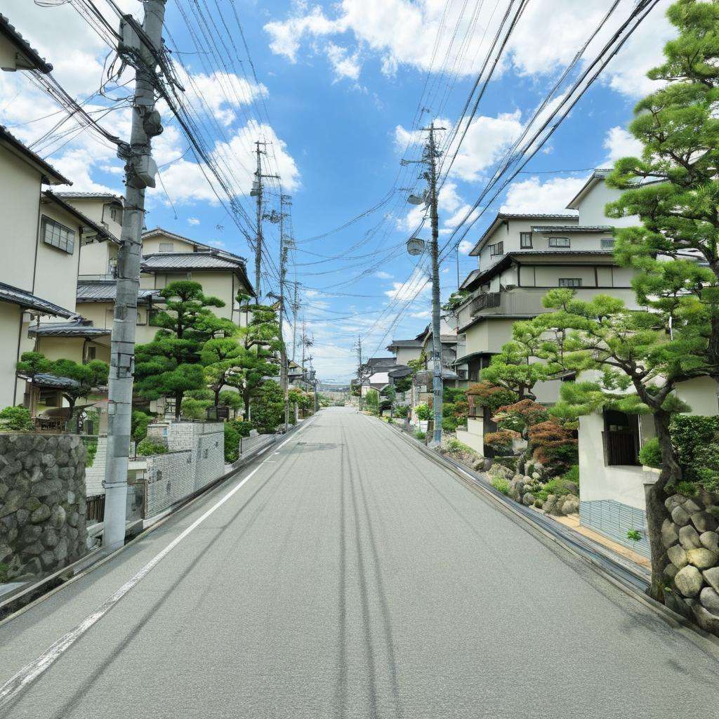 masterpiece, best quality, ultra-detailed, illustration,japan, outdoors, road, scenery, tree, street, sky, building, power lines, utility pole, house, day, cloud,  bush, blue sky, real world location, town, plant, realistic, photo background, photo (medium) <lora:JapanScenery_road_SDXL_V2:1>